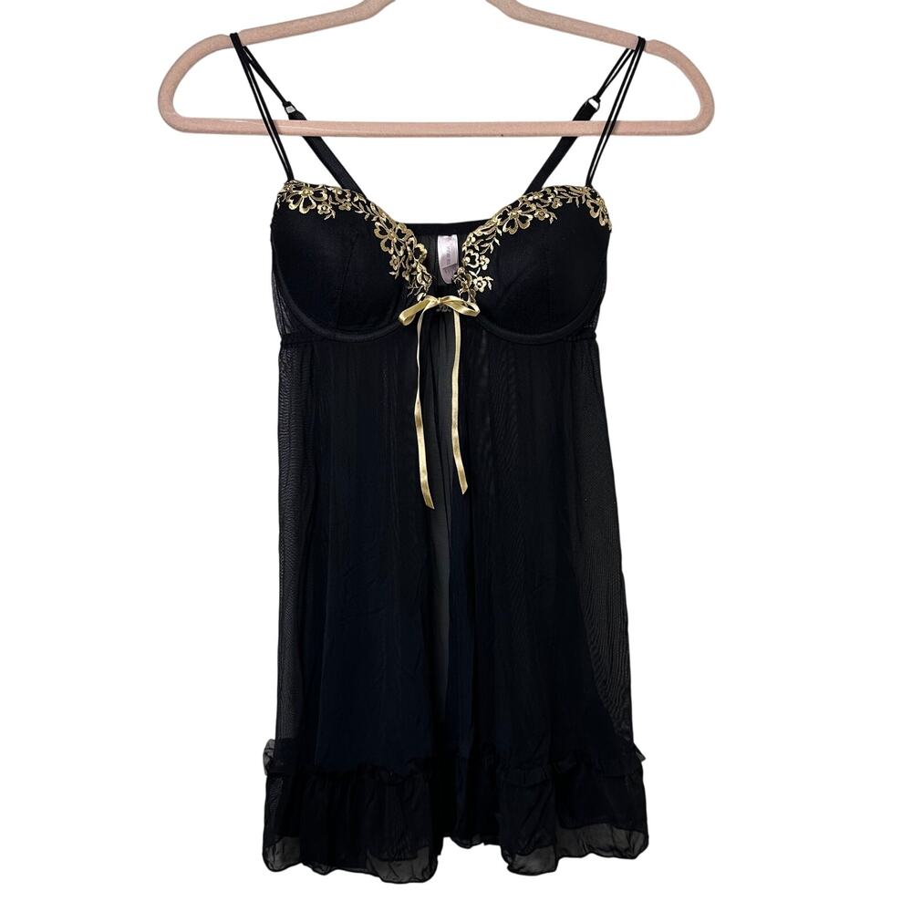 Sm Inner Secrets Sheer Black Nightie Gold Floral Embroidered Coquette Whimsigoth